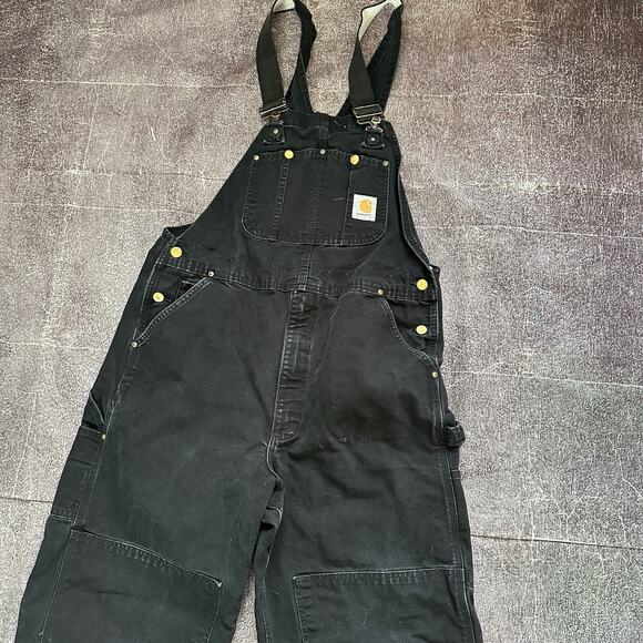 Men's Vintage Carhartt USA Black Double Knee Front Duck Bib Overalls Sz 38 X 32 - Picture 2 of 5